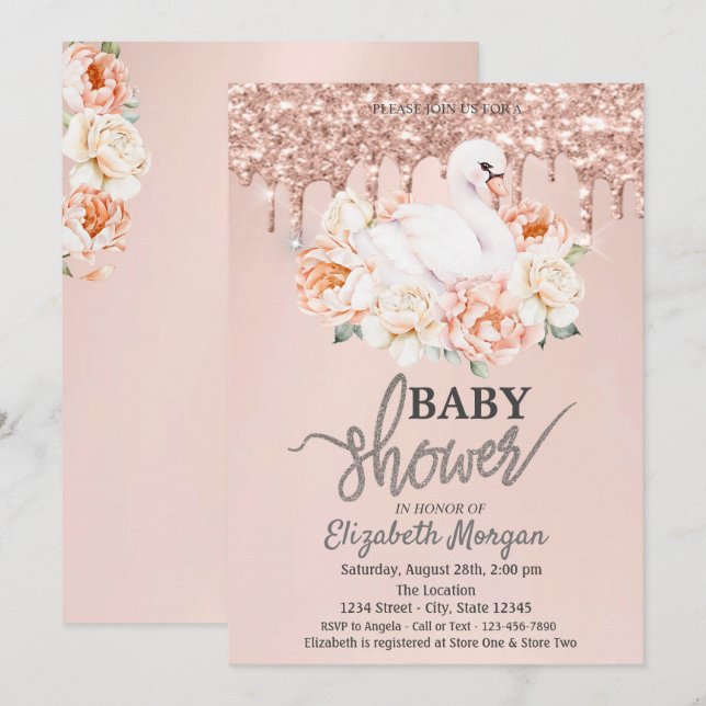 Invitación Watercolor Baby Swan Rosa Gold Purpurina Drips (Anverso / Reverso)