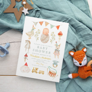 Invitación Watercolor Baby Toys Clothes Esentials Baby Shower