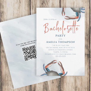 Invitación Watercolor Bachelorette Party Blue Crab QR Code