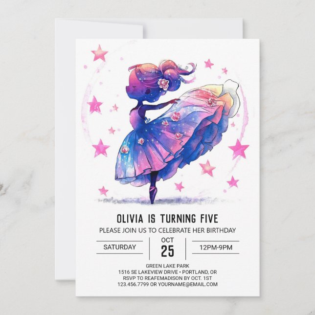 Invitación Watercolor Ballerina Impresa Cumpleaños (Anverso)
