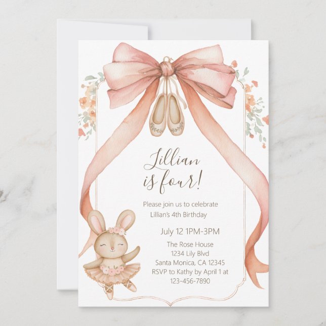 Invitación Watercolor Ballet Girls Fourth Birthday (Anverso)