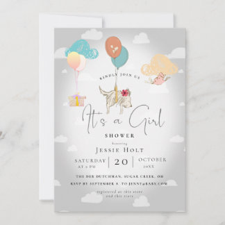 Invitación Watercolor Balloon Puppy Baby Girl Shower