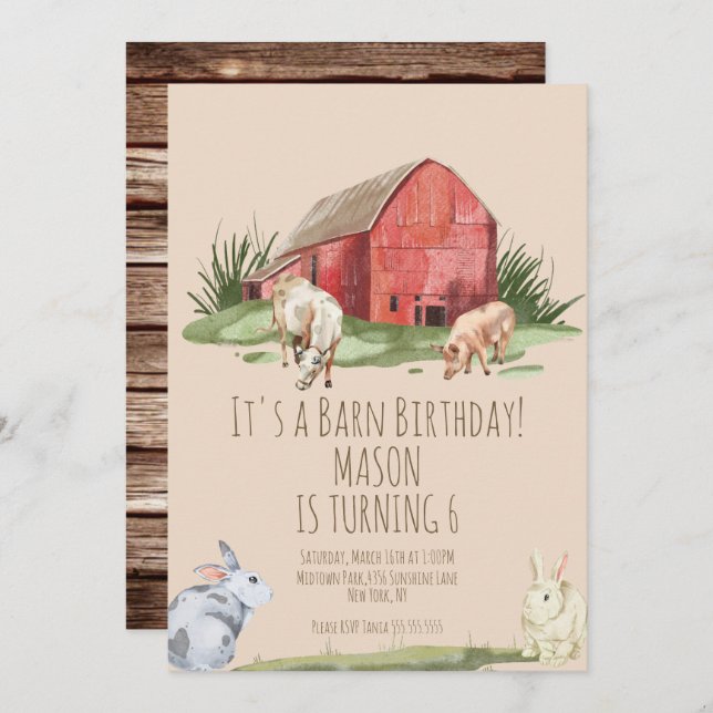 Invitación Watercolor Barn Animals Farm House Birthday (Anverso / Reverso)