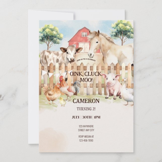 Invitación Watercolor Barn Farm Animals Digital (Anverso)