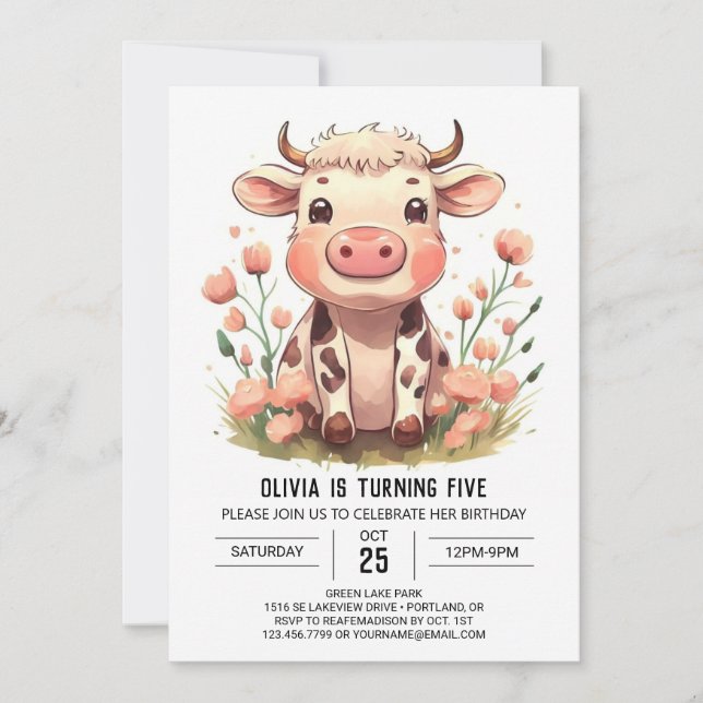 Invitación Watercolor Barnyard Cow Birday (Anverso)