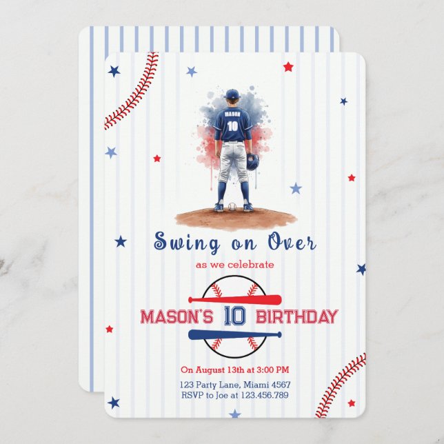 Invitación Watercolor Baseball Player Boy 10th Birthday (Anverso / Reverso)