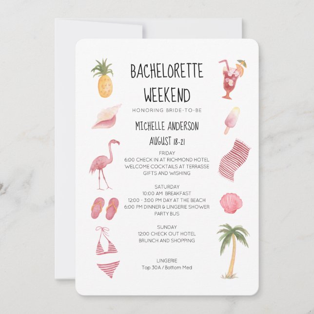 Invitación Watercolor Beach Bachelorette Weekend Itinerary (Anverso)