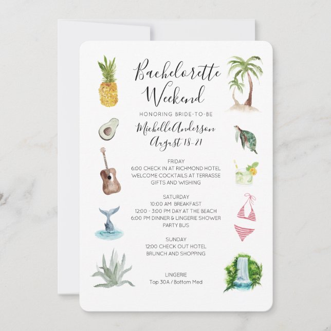 Invitación Watercolor Beach Bachelorette Weekend Itinerary (Anverso)