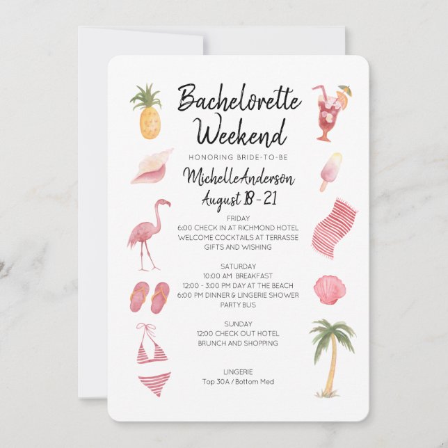Invitación Watercolor Beach Bachelorette Weekend Itinerary (Anverso)