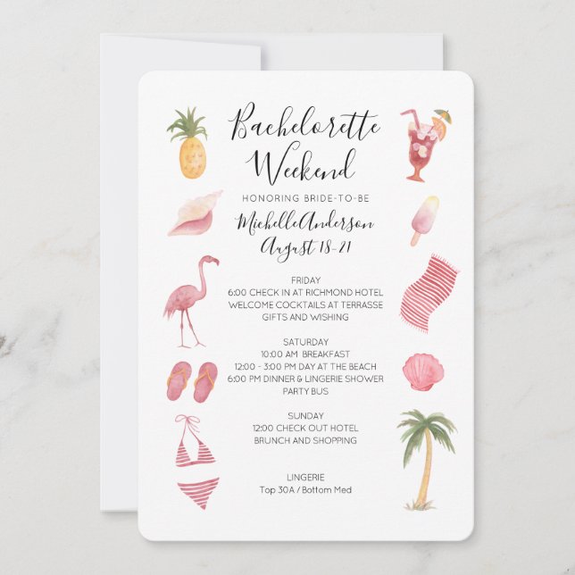 Invitación Watercolor Beach Bachelorette Weekend Itinerary (Anverso)
