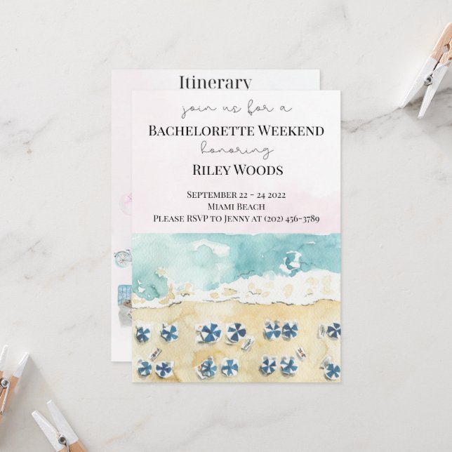 Invitación Watercolor Beach Bachelorette Weekend Itinerary In (Anverso/Reverso In Situ)