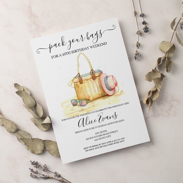 Invitación Watercolor Beach Bag Birday Pink Weekend (Subido por el creador)