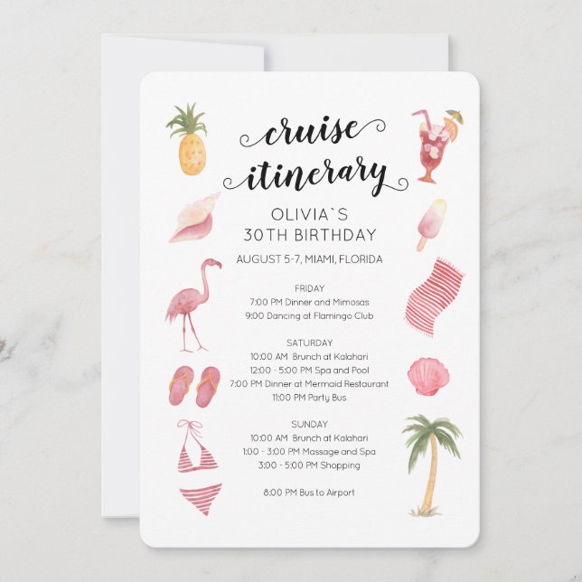 Invitación Watercolor Beach Birthday Cruise Itinerary (Anverso)