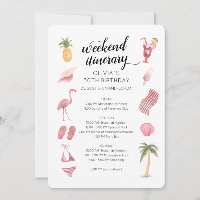 Invitación Watercolor Beach Birthday Weekend Itinerary (Anverso)