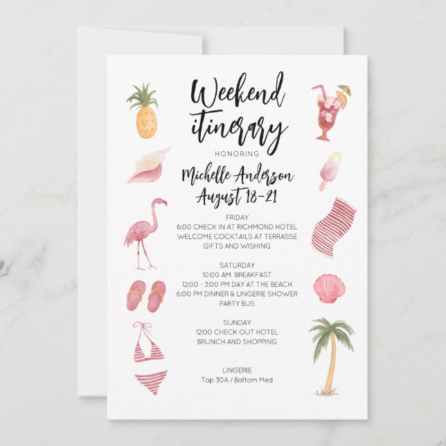 Invitación Watercolor Beach Birthday Weekend Itinerary (Anverso)