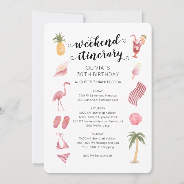 Invitación Watercolor Beach Birthday Weekend Itinerary (Anverso)