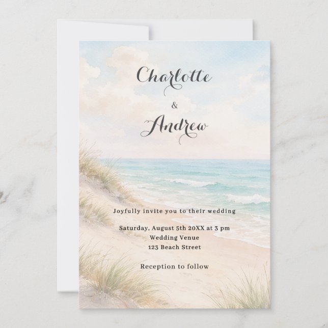 Invitación Watercolor beach coatal modern wedding (Anverso)