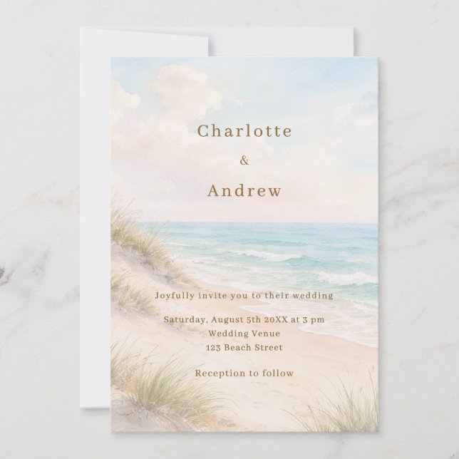 Invitación Watercolor beach coatal modern wedding (Anverso)
