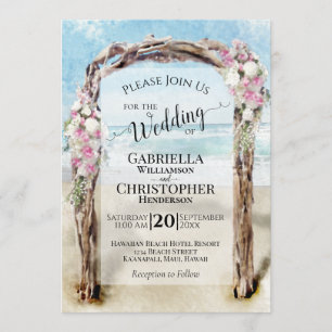 Invitación Watercolor Beach Driftwood Floral Arch Boda