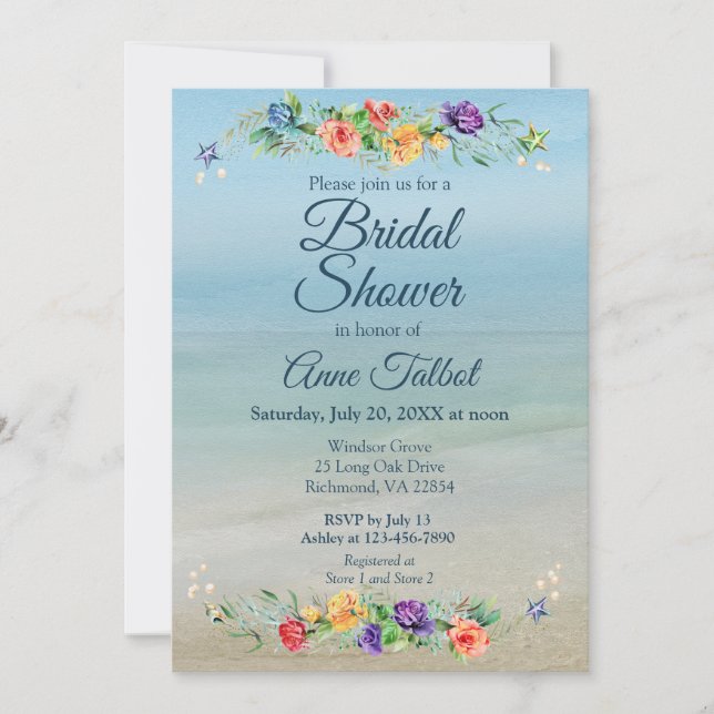 Invitación Watercolor Beach Floral Bridal Shower (Anverso)