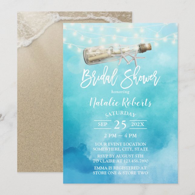 Invitación Watercolor Beach Love Message Botella Bridal Showe (Anverso / Reverso)
