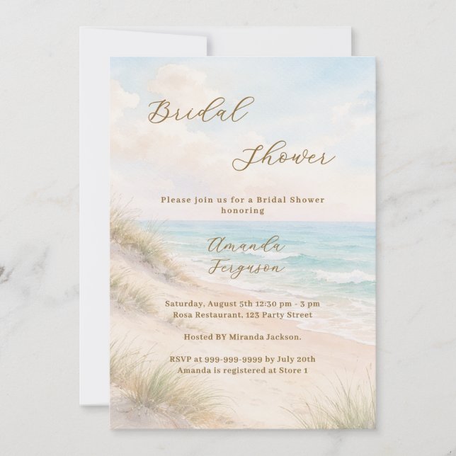 Invitación Watercolor beach sand dunes Bridal Shower (Anverso)