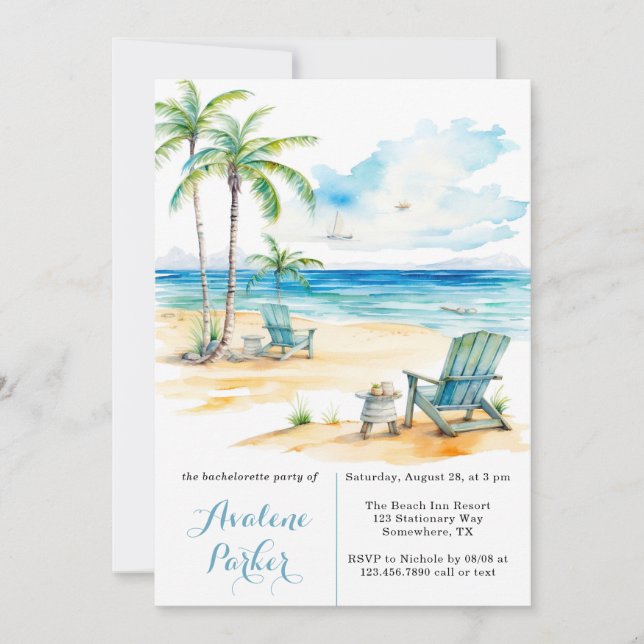 Invitación Watercolor Beach Scene Bachelorette Party (Anverso)