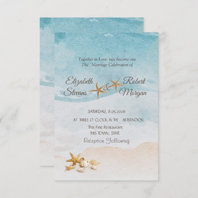 Invitación Watercolor Beach Seashells Sand Wedding  (Anverso / Reverso)