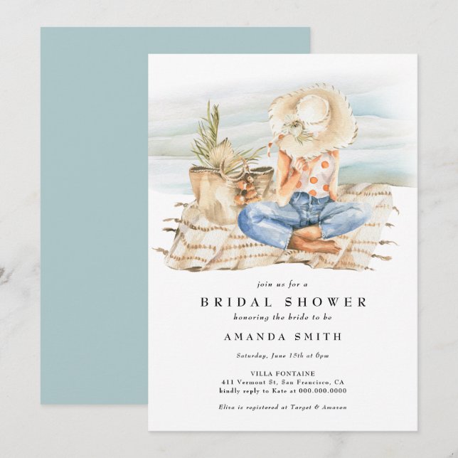 Invitación Watercolor Beach Verano Tropical Brillante (Anverso / Reverso)
