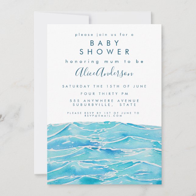 Invitación Watercolor Beach Waves Coast Peninsula Baby Shower (Anverso)