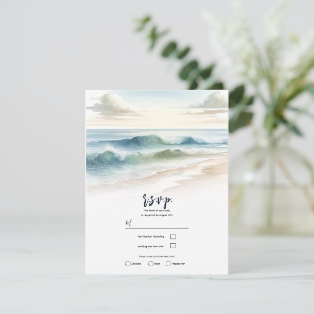 Invitación Watercolor Beach Waves Rustic Wedding RSVP (Anverso de pie)