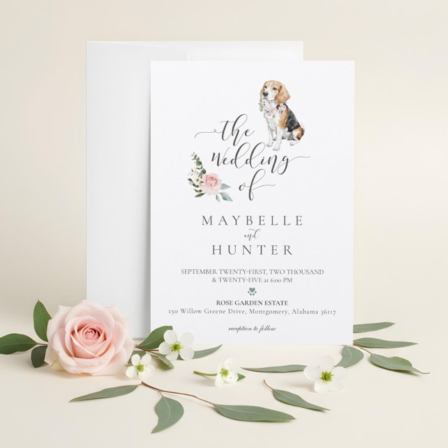 Invitación Watercolor Beagle Dog Pet & Floral Pink Rose (Watercolor Beagle Dog Pet & Floral Pink Rose Invitation)