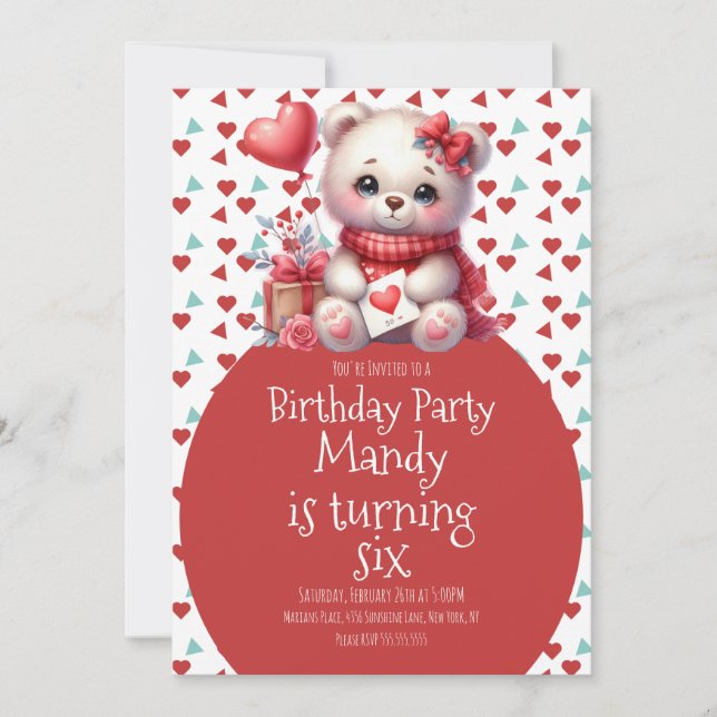 Invitación Watercolor Bear Cute Heart Pattern Cumpleaños (Anverso)