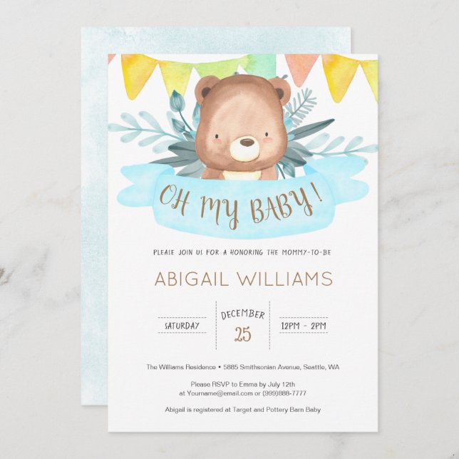 Invitación Watercolor Bear Género Neutral Baby Shower (Anverso / Reverso)