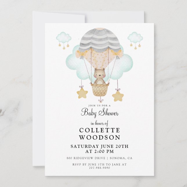 Invitación Watercolor Bear Hot Air Balloon Baby Shower Invita (Anverso)