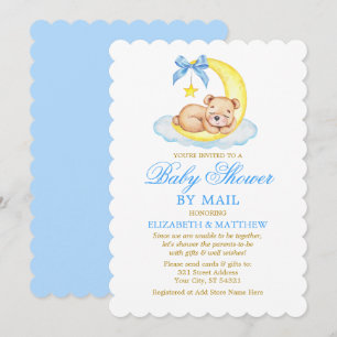 Invitación Watercolor Bear Moon Blue Gold Shower por correo