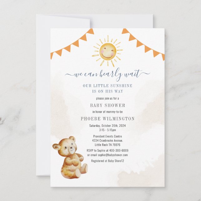 Invitación Watercolor Bear Sunshine Boys Baby Shower (Anverso)