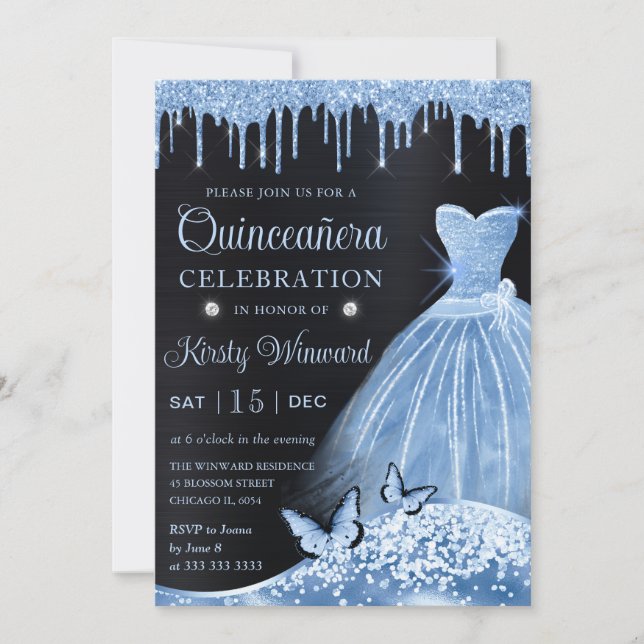 Invitación Watercolor Bebé Azul Purpurina Vestido Quinceanera (Anverso)