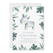 Watercolor Bebé Rinoceronte Príncipe Safari Fiesta