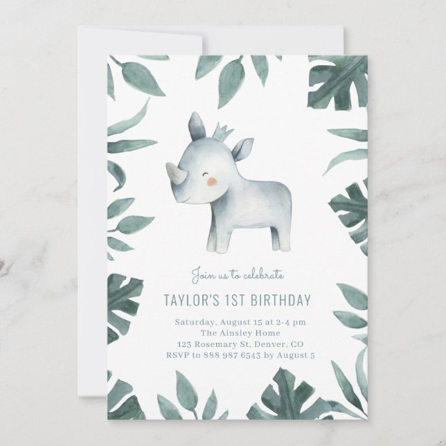 Invitación Watercolor Bebé Rinoceronte Príncipe Safari Fiesta (Anverso)