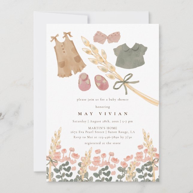 Invitación Watercolor Bebé Ropa y Trigo Baby Shower (Anverso)