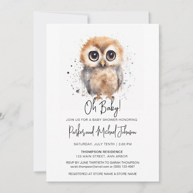 Invitación Watercolor Bechuza Sexo Neutral Baby Shower (Anverso)
