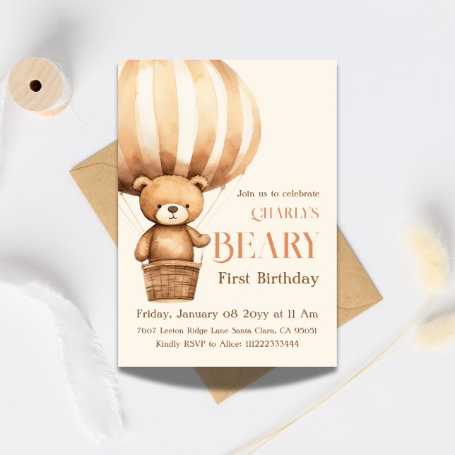 Invitación Watercolor Beige Beary Primer Cumpleaños (Subido por el creador)