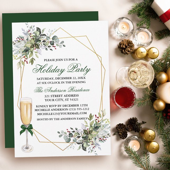 Invitación Watercolor Berries Greenery Holiday Party Glass (Customize to change text color, size, style or to change color of back of card.)