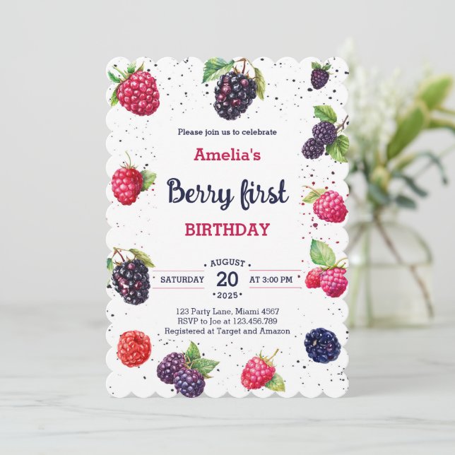Invitación Watercolor Berry Blackberry Raspberry Cumpleaños (Anverso de pie)