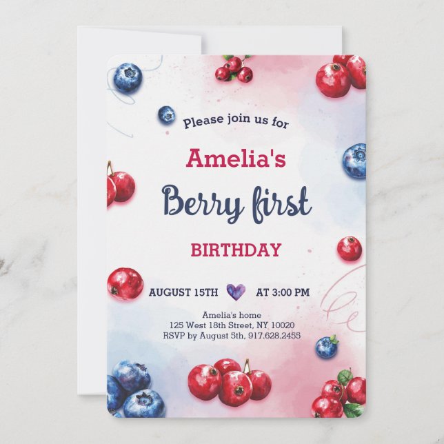 Invitación Watercolor Berry Blueberry Raspberry Birday (Anverso)
