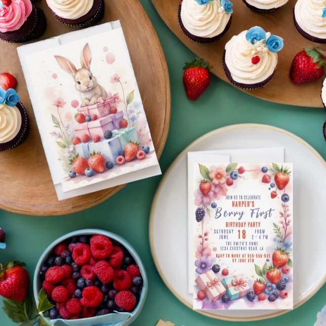Invitación Watercolor Berry First Birday con Bunny (Subido por el creador)