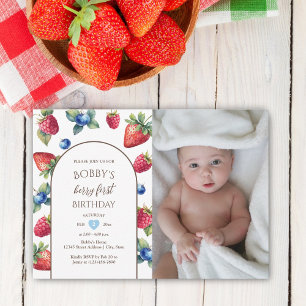 Invitación Watercolor Berry Sweet Berry First Birday Photo