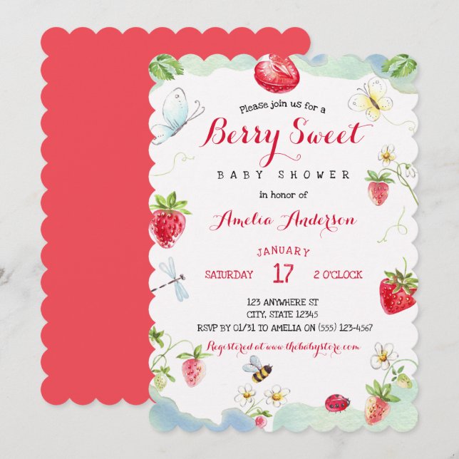 Invitación Watercolor Berry Sweet Strawberries Baby Shower (Anverso / Reverso)