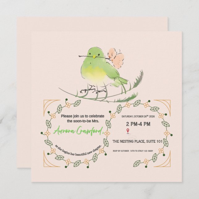 Invitación Watercolor Bird and Laurel Leaf Bridal Shower Invi (Anverso / Reverso)